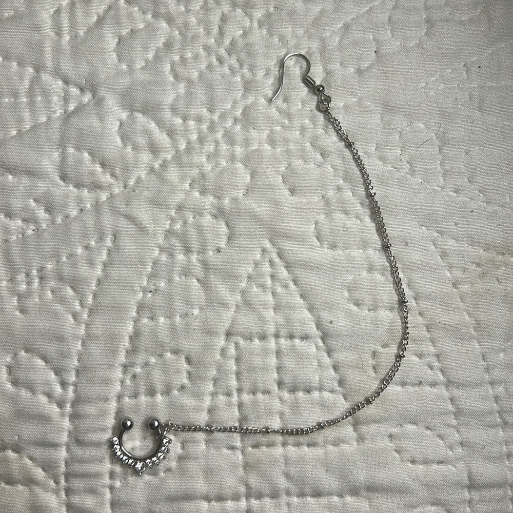 Septum chain to Earring (Septum Nath), rhinestone design on Septum Ring, Silver